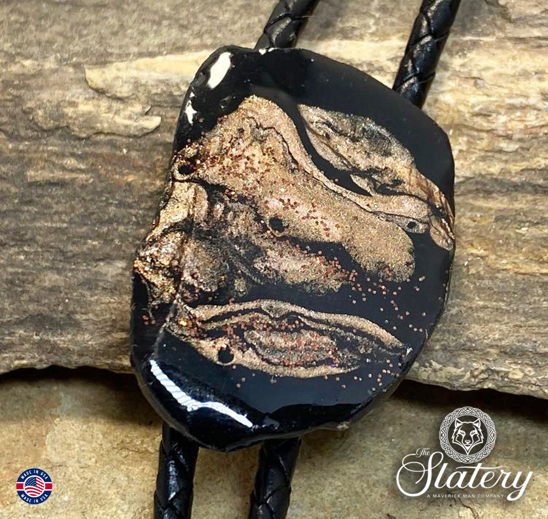 Hand painted slate bolo tie with copper accents