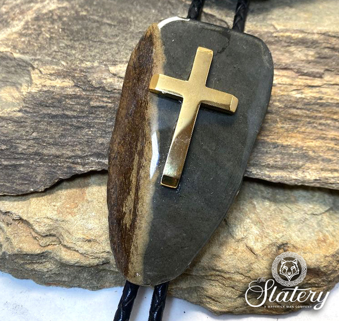 Large natural slate bolo tie with stainless steel cross