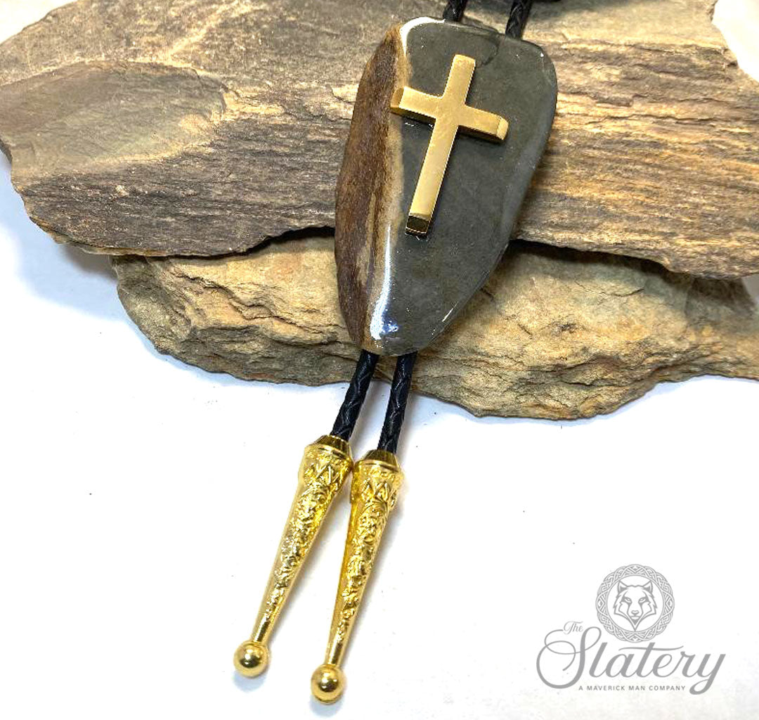 Large natural slate bolo tie with stainless steel cross