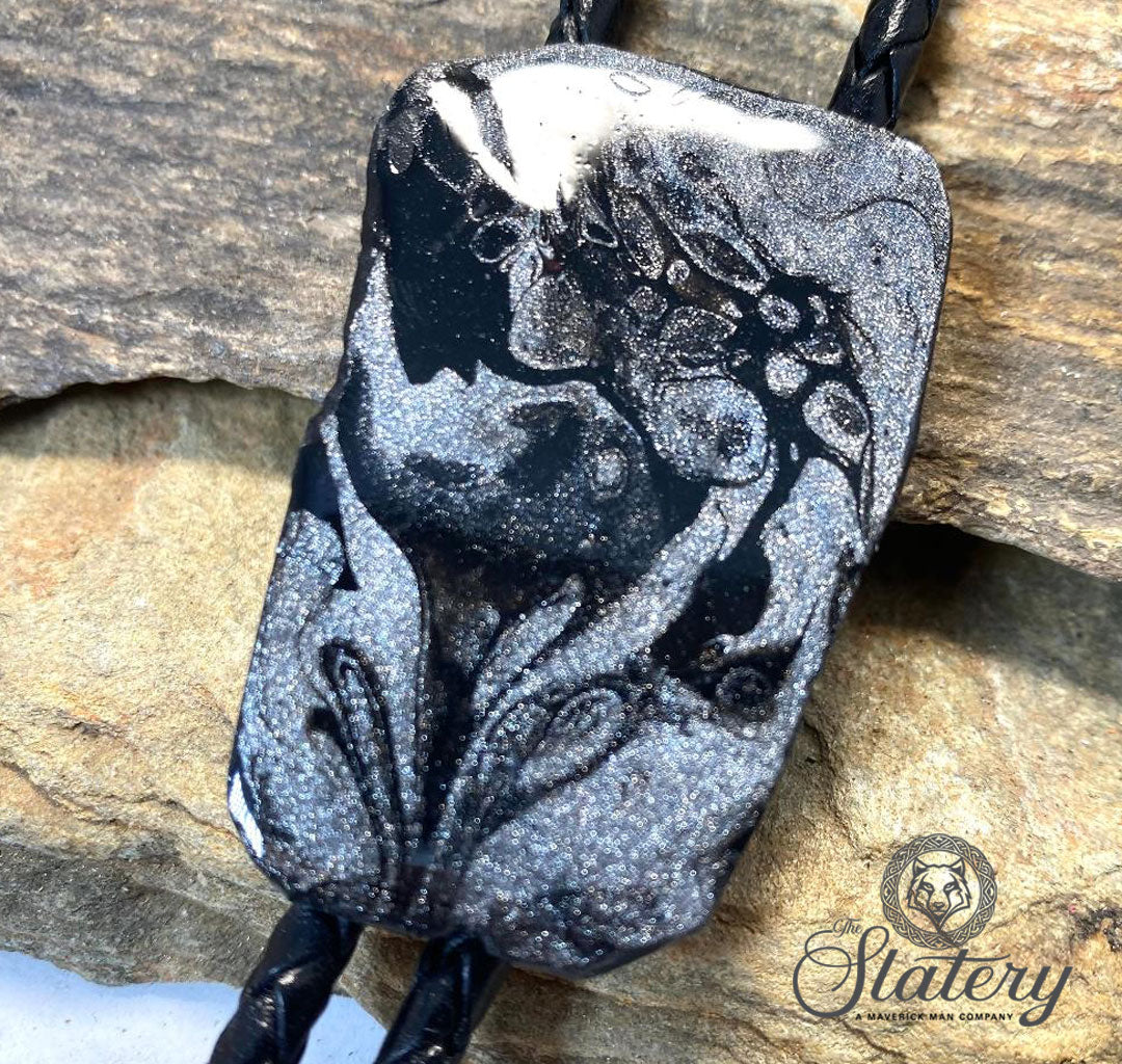 Hand painted slate bolo tie with Black and Platinum