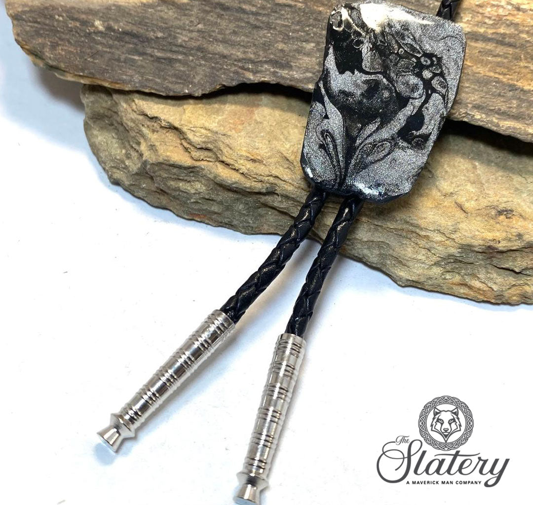 Hand painted slate bolo tie with Black and Platinum