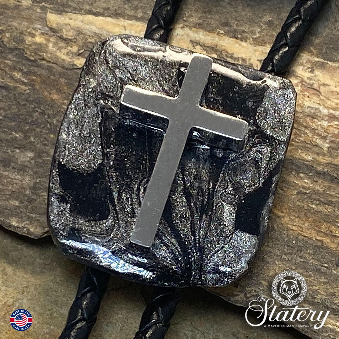 Hand painted slate bolo tie with Black and Platinum