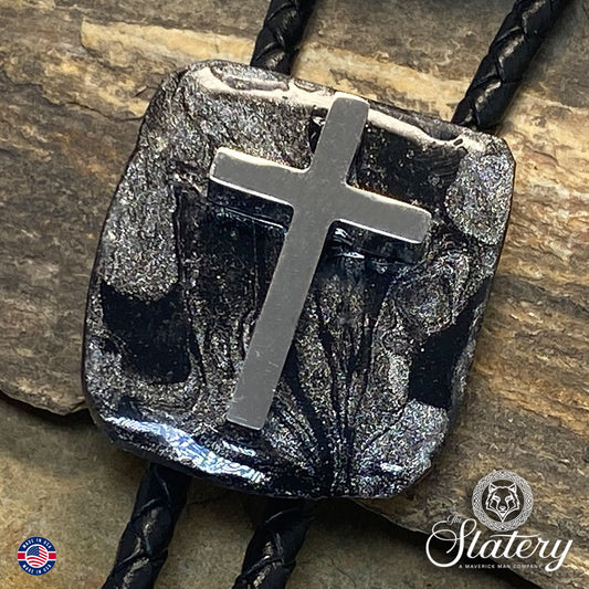 Hand painted slate bolo tie with Black and Platinum