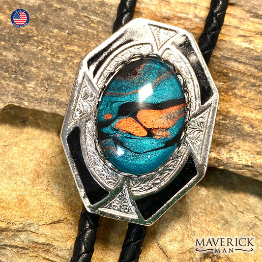 Silver and black dressy geometric bolo tie with hand painted stone