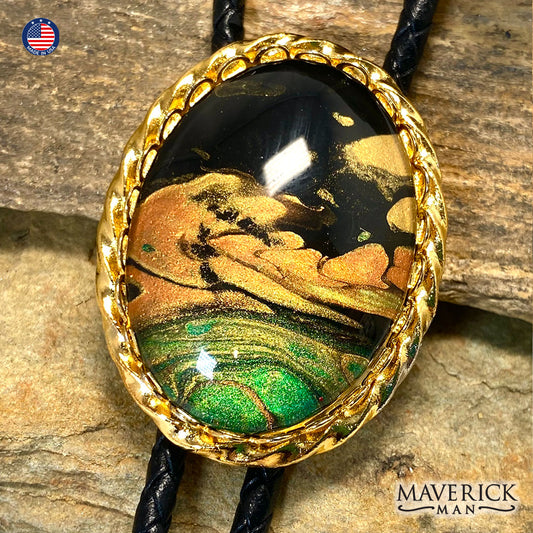 Golden twist bolo tie with hand painted stone