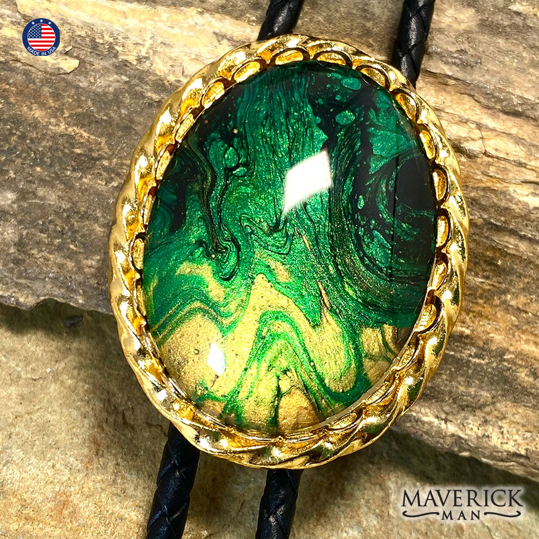 Golden twist bolo tie with hand painted green and gold