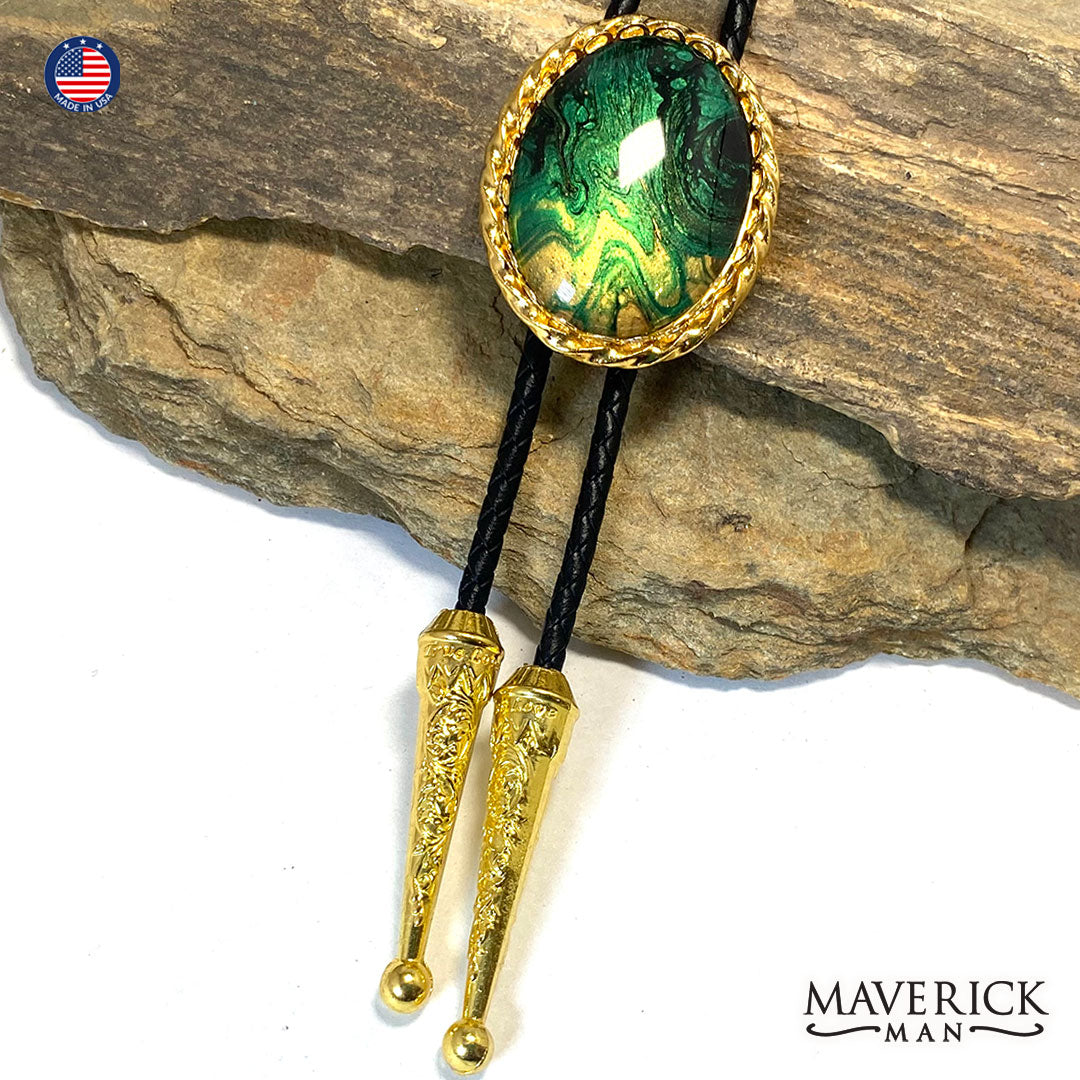 Golden twist bolo tie with hand painted green and gold