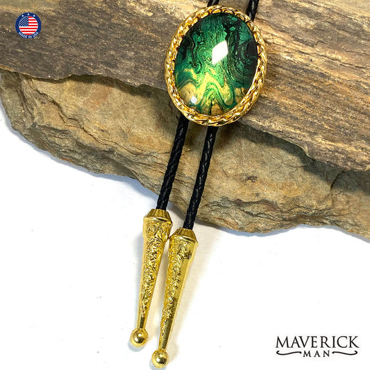 Golden twist bolo tie with hand painted green and gold
