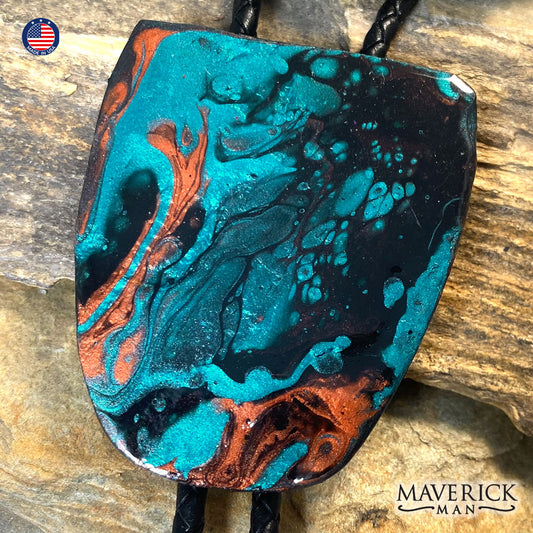 Hand painted slate bolo tie in Turquoise and Copper
