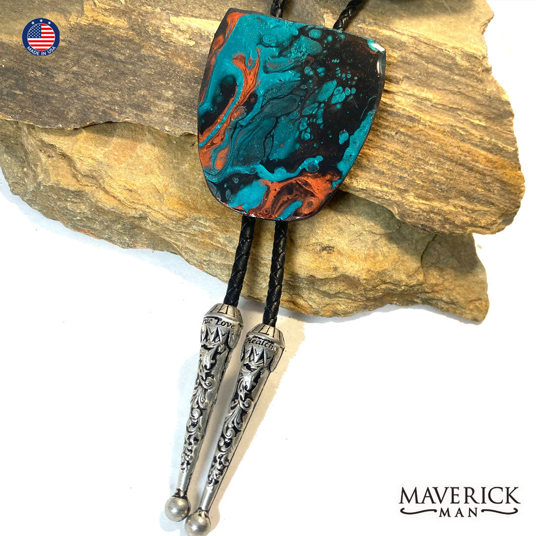 Hand painted slate bolo tie in Turquoise and Copper