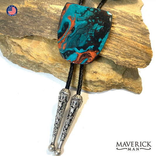 Hand painted slate bolo tie in Turquoise and Copper