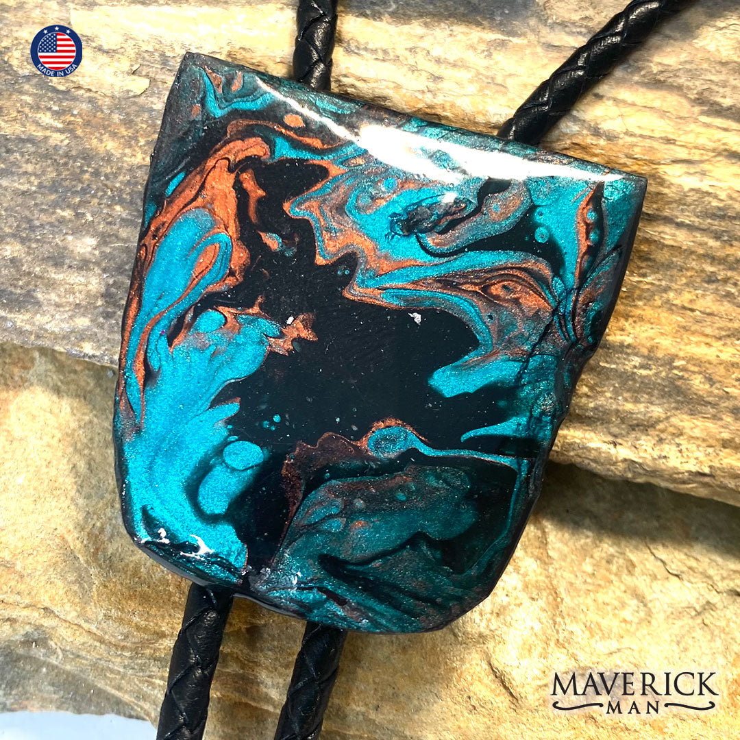 Hand painted slate bolo tie in Turquoise and Copper