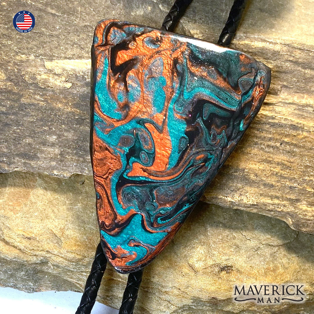 Hand painted slate arrowhead bolo tie in Turquoise and Copper
