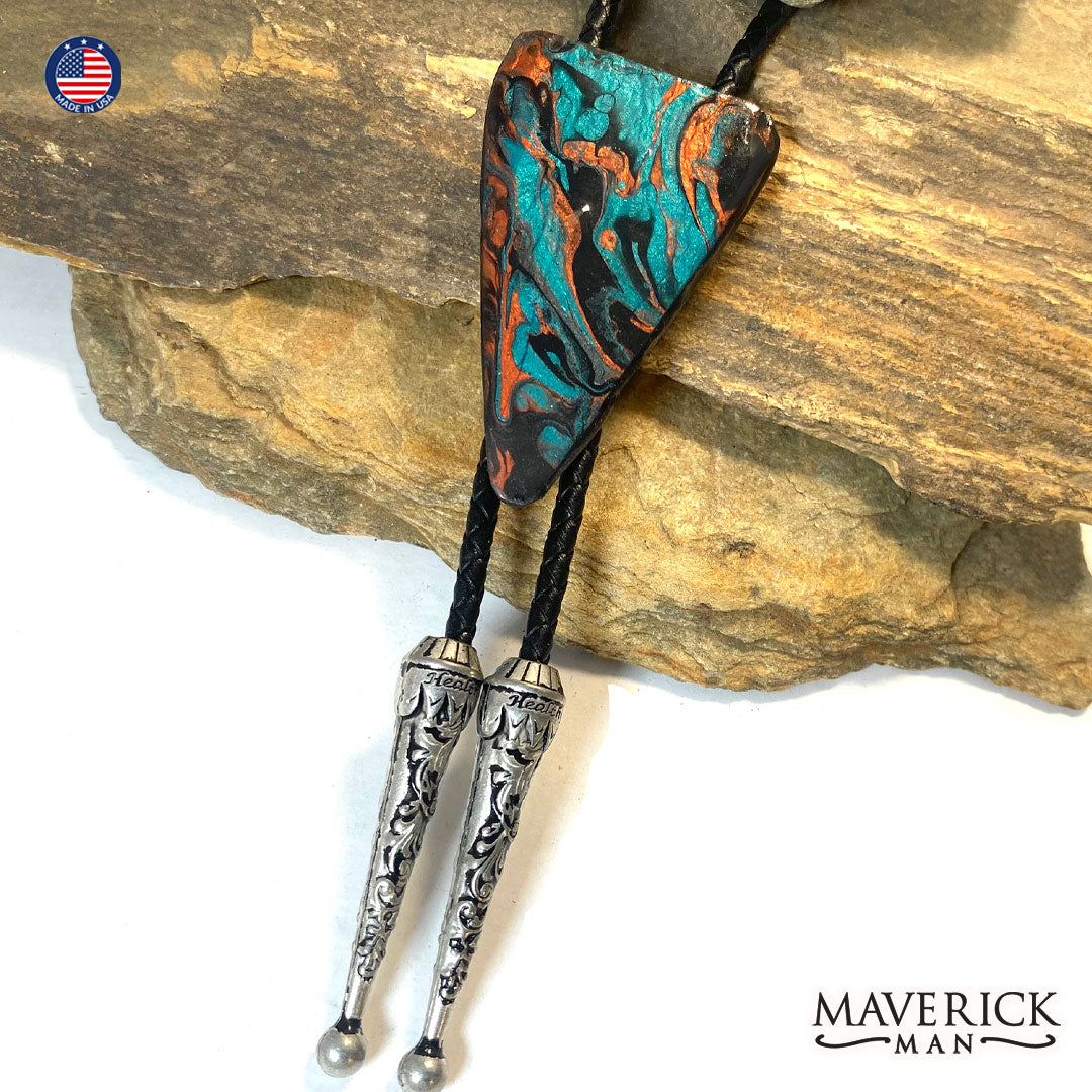 Hand painted slate arrowhead bolo tie in Turquoise and Copper