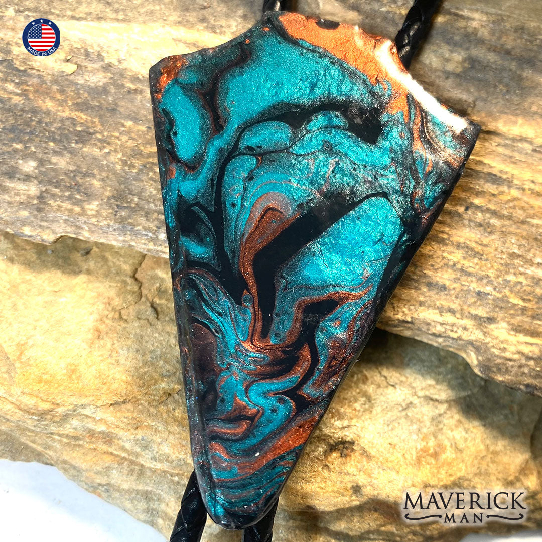 Hand painted slate arrowhead bolo tie in Turquoise and Copper