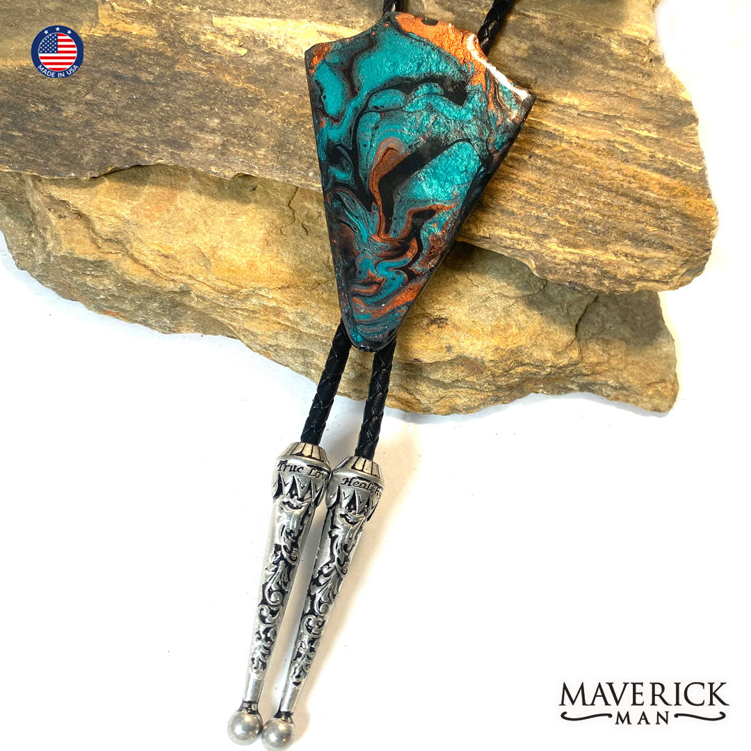 Hand painted slate arrowhead bolo tie in Turquoise and Copper