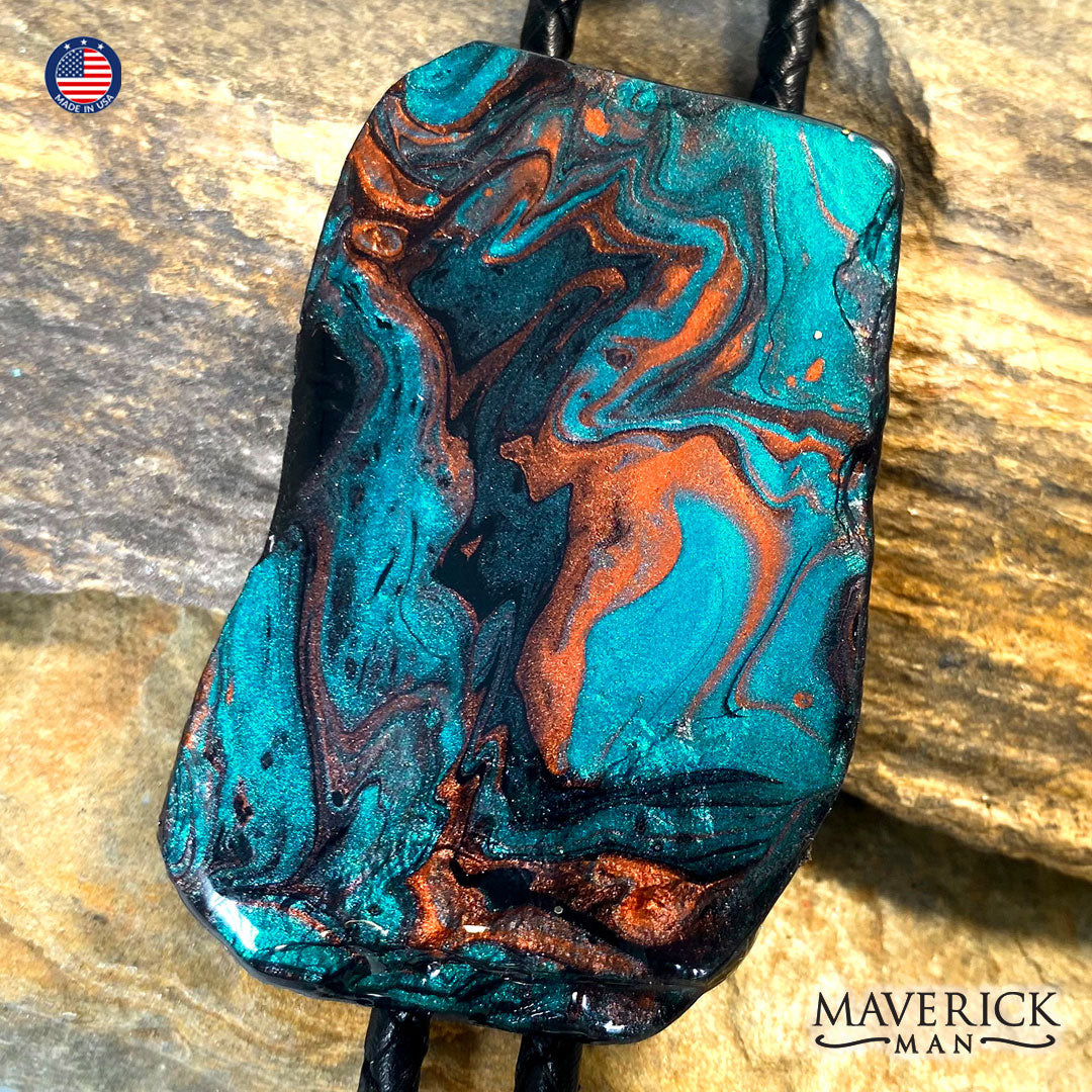 Hand painted slate bolo tie in Turquoise and Copper