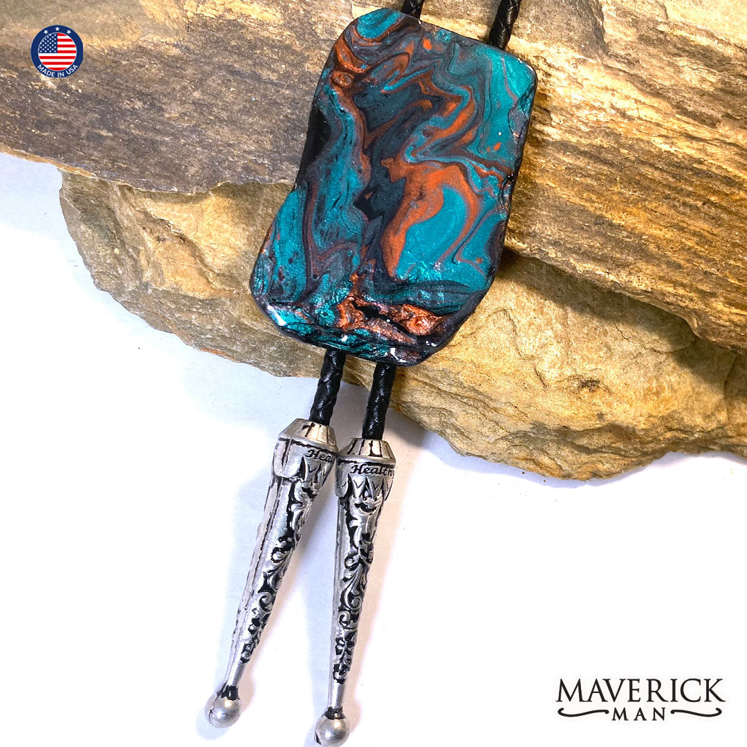 Hand painted slate bolo tie in Turquoise and Copper