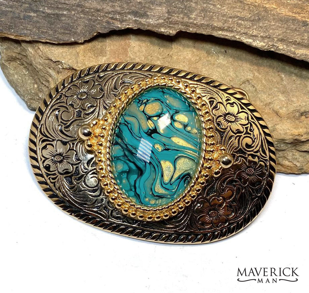 Golden western belt buckle with gold and turquoise hand painted stone