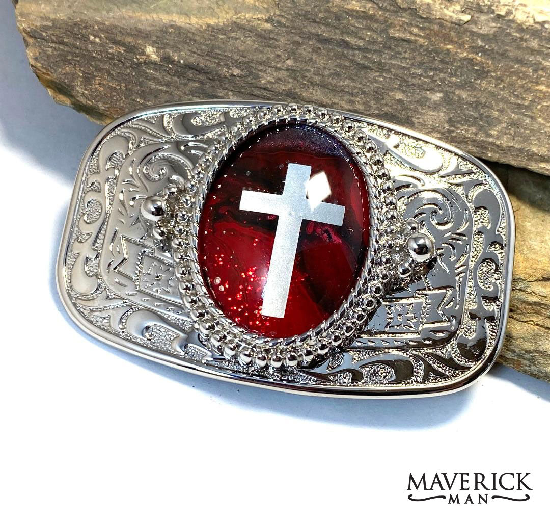 Small western belt buckle with hand painted stone - Christian belt buckle