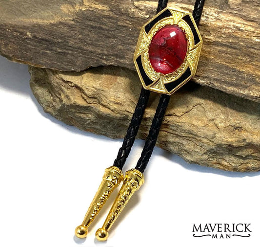 red bolo tie in gold