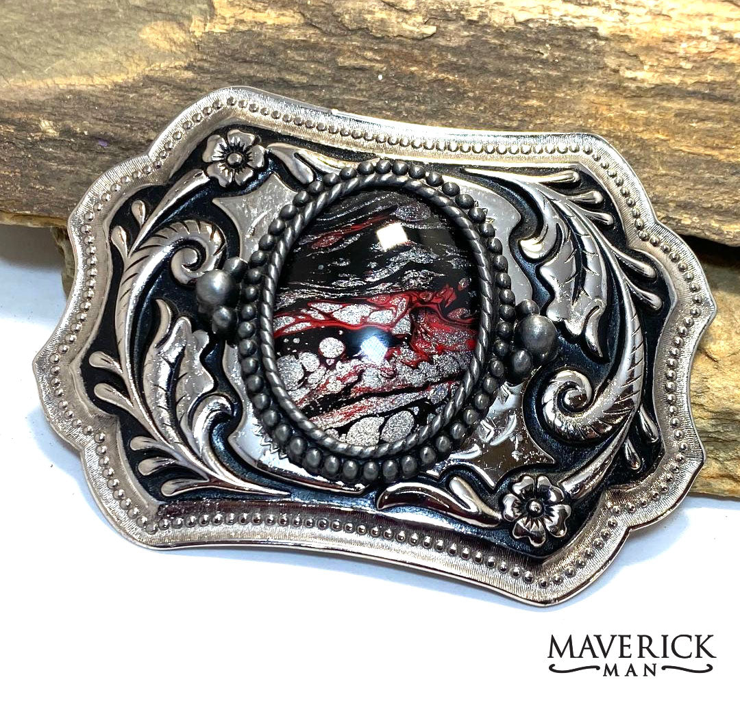 Western belt buckle with red and black hand painted stone