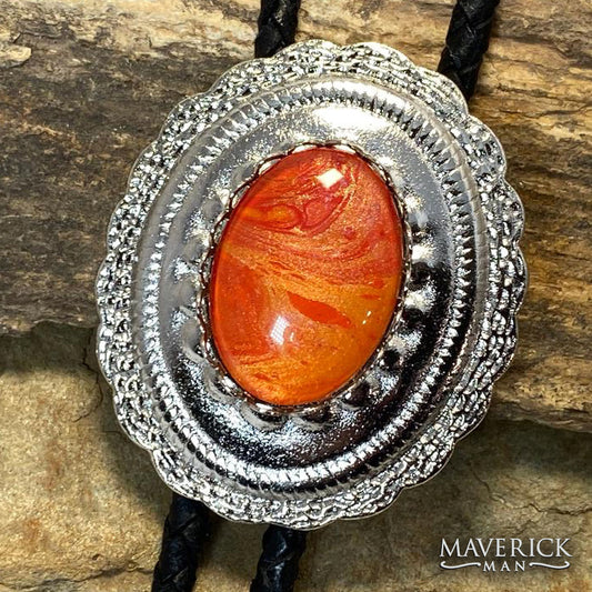 Silver Concho Bolo Tie with Hand Painted Orange stone