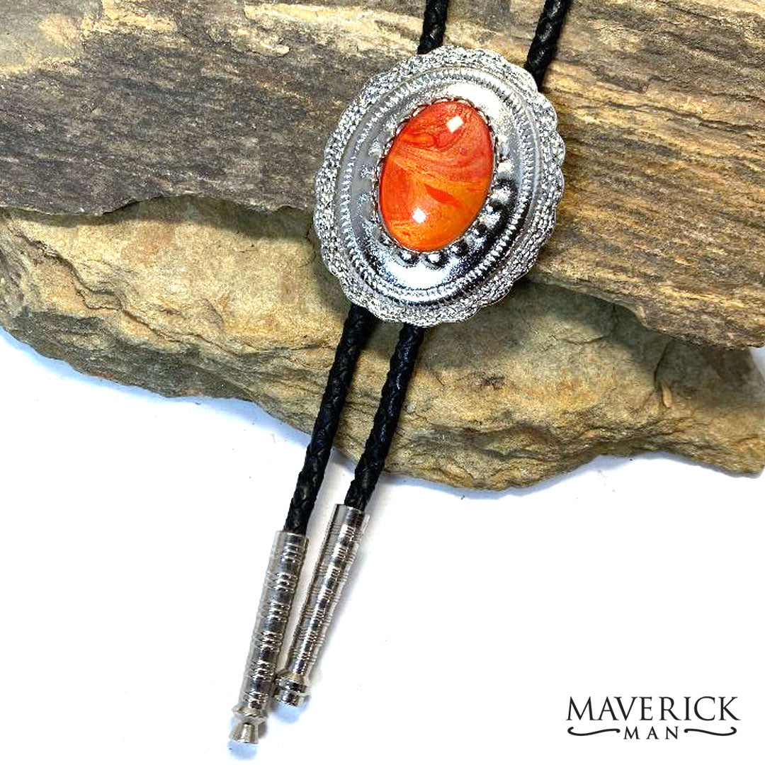 Silver Concho Bolo Tie with Hand Painted Orange stone