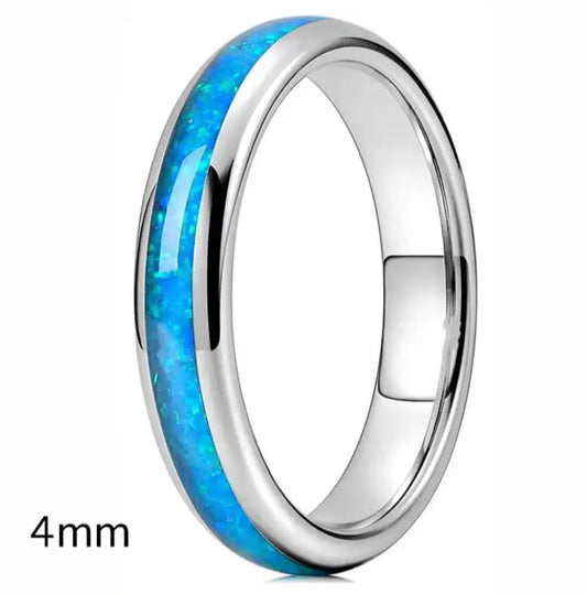 Narrow stainless steel band with simulated fire Opal stone