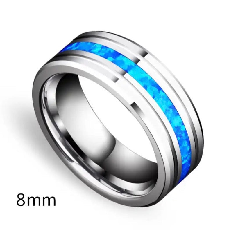 Wide stainless steel band with simulated fire Opal inlay