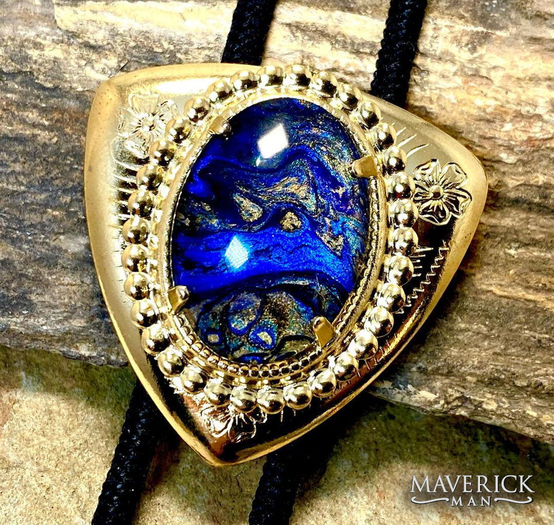 Golden triangular bolo tie with handsome blue and gold stone – Maverick Man