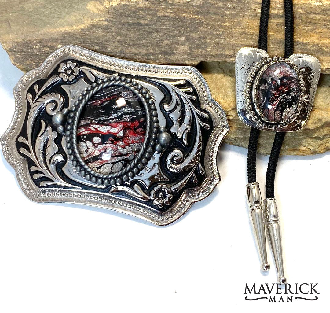 Red and black bolo tie and buckle set