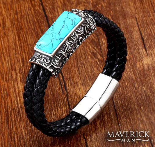 Black leather bracelet with stone and stainless steel accents