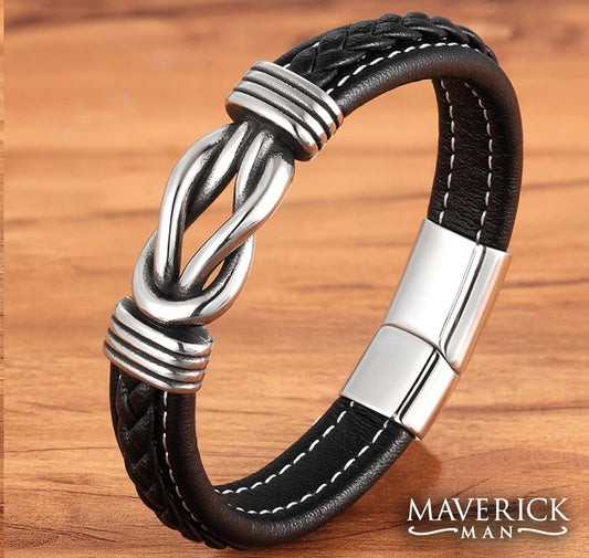 Braided leather bracelet with stainless steel accents - black