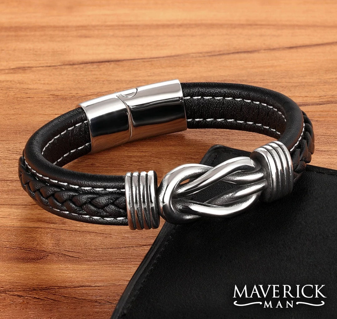 Braided leather bracelet with stainless steel accents - black