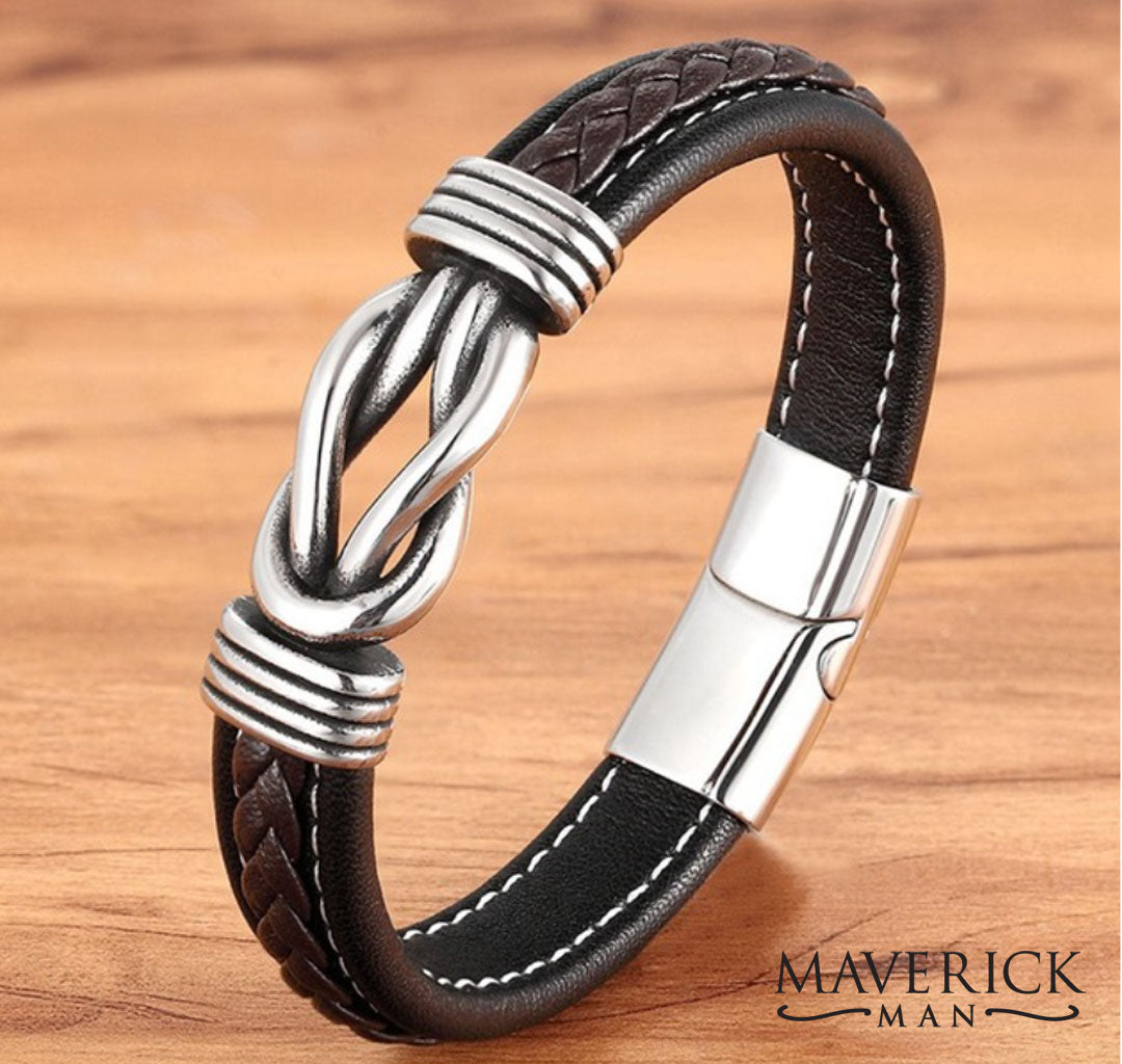 Braided leather bracelet with stainless steel accents - brown