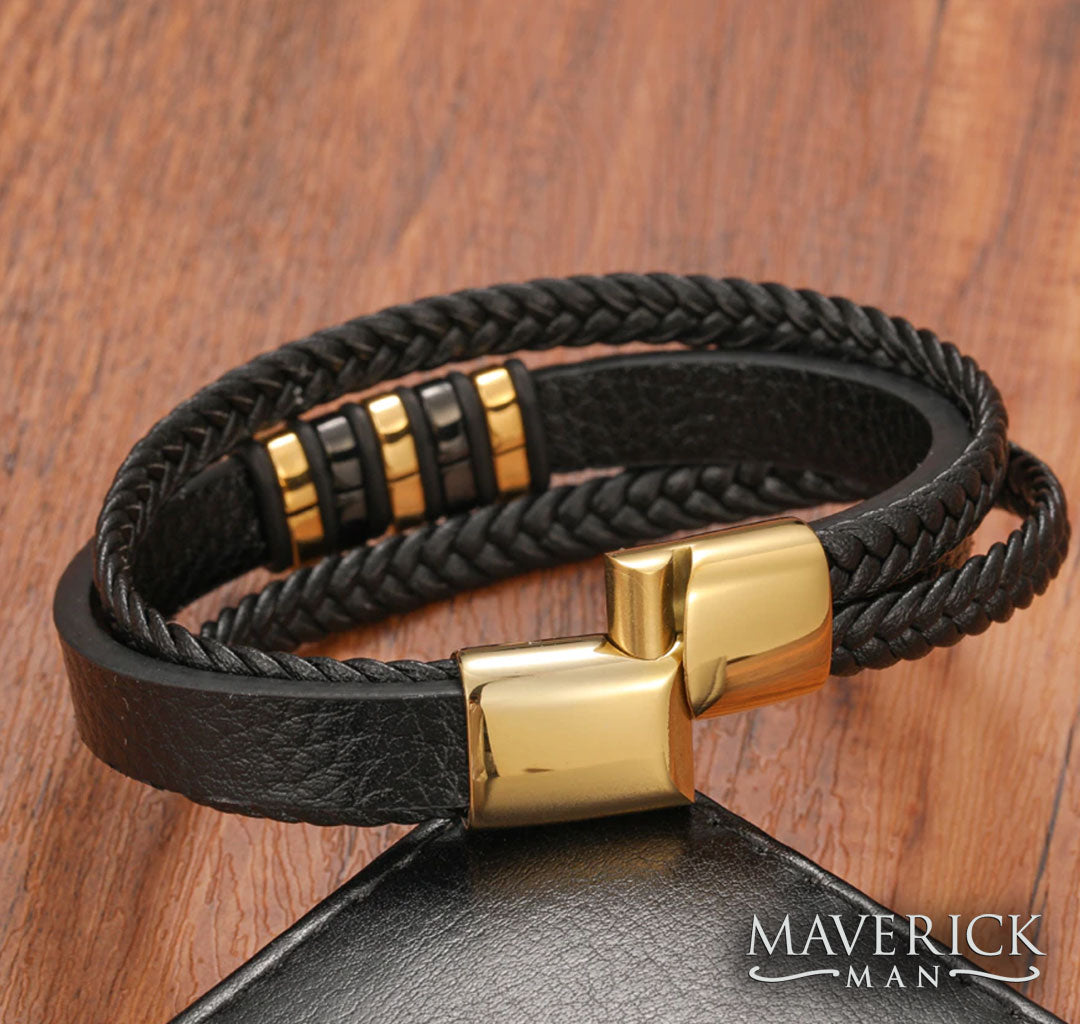 3-strand leather bracelet with gold stainless steel accents