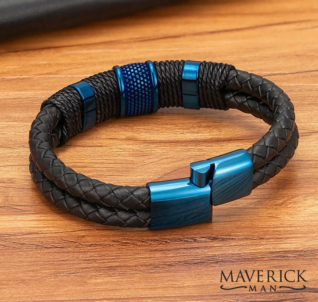 Black leather bracelet with blue stainless steel accents