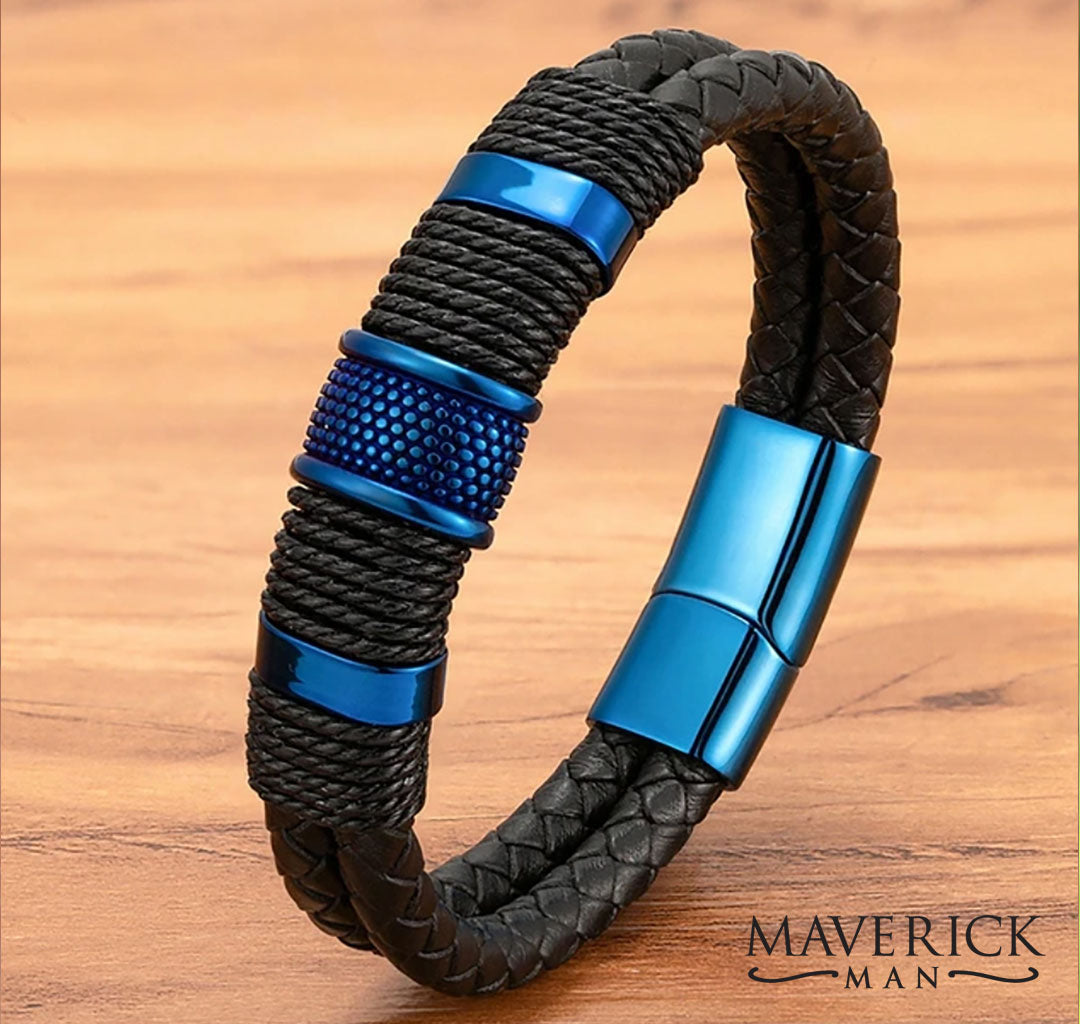 Black leather bracelet with blue stainless steel accents