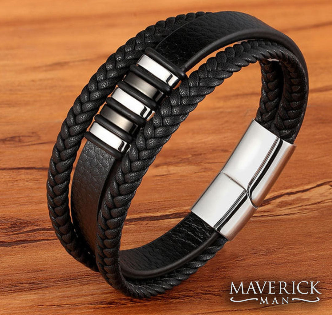 3-strand leather bracelet with stainless steel accents