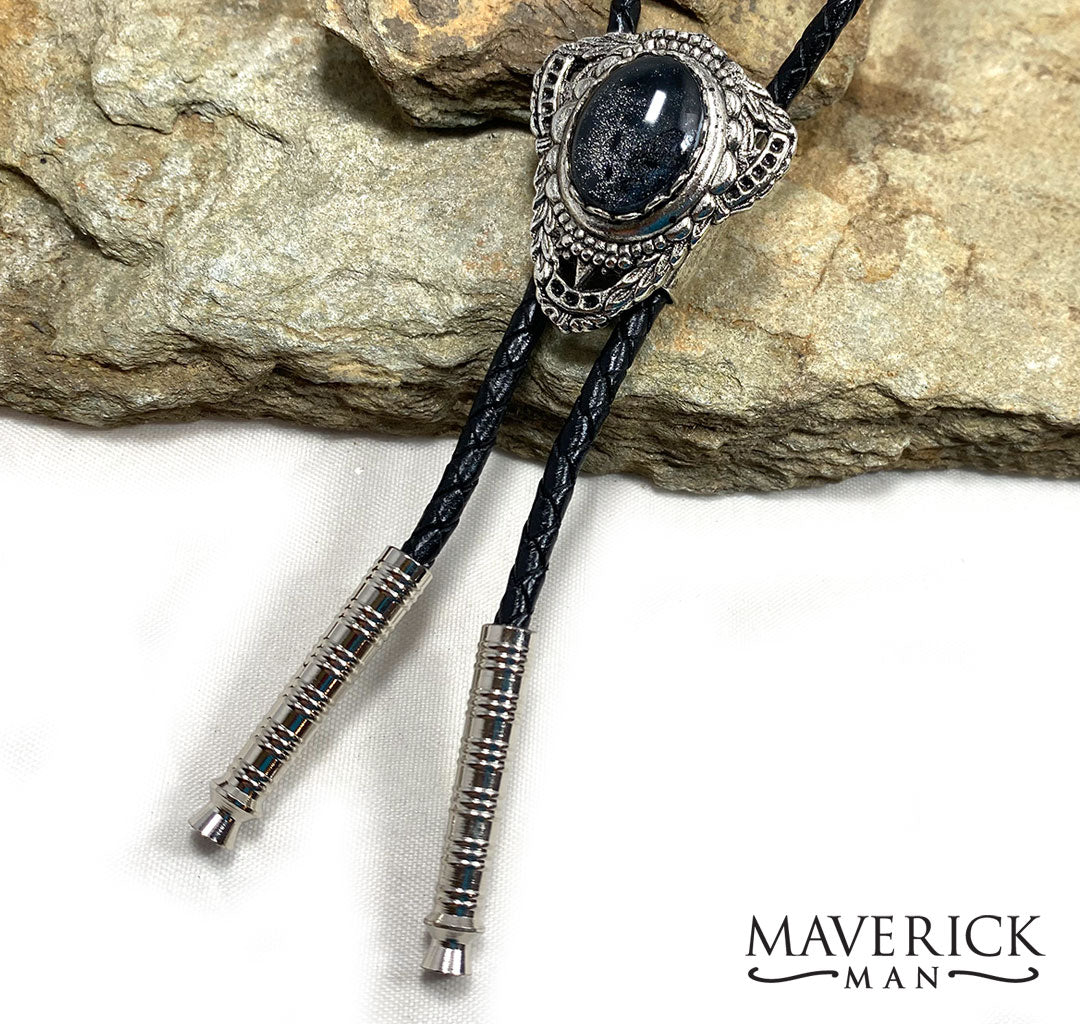 Small concho bolo with hand painted stone in black and platinum