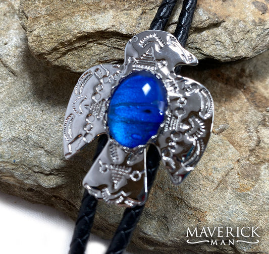 Small thunderbird bolo with sapphire blue hand painted stone