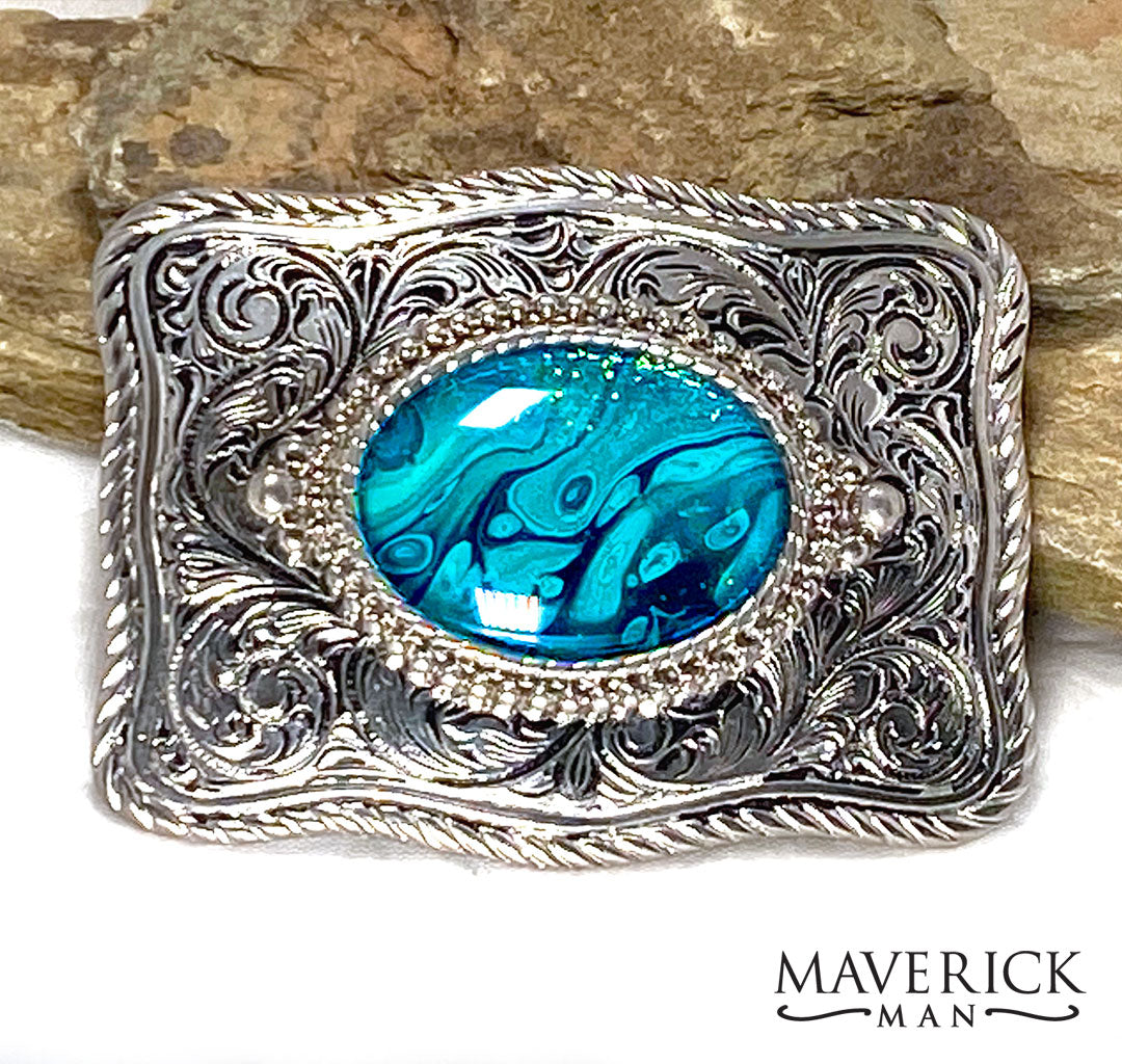 Large silver belt buckle with hand painted Color Shift turquoise stone