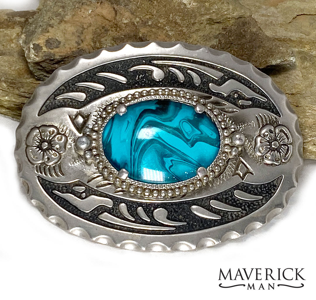 Large black and silver belt buckle with Color Shift hand painted turquoise stone