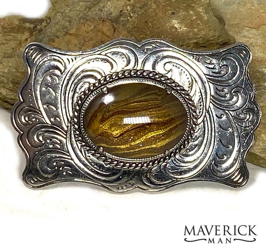 Large vintage silver belt buckle with hand painted tiger eye stone