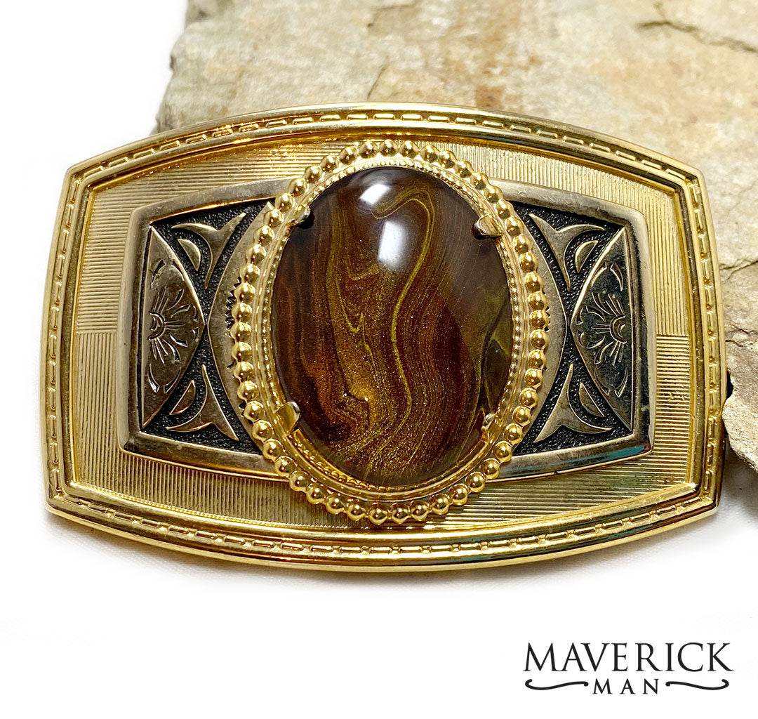 Vintage gold belt buckle w hand painted tiger eye stone