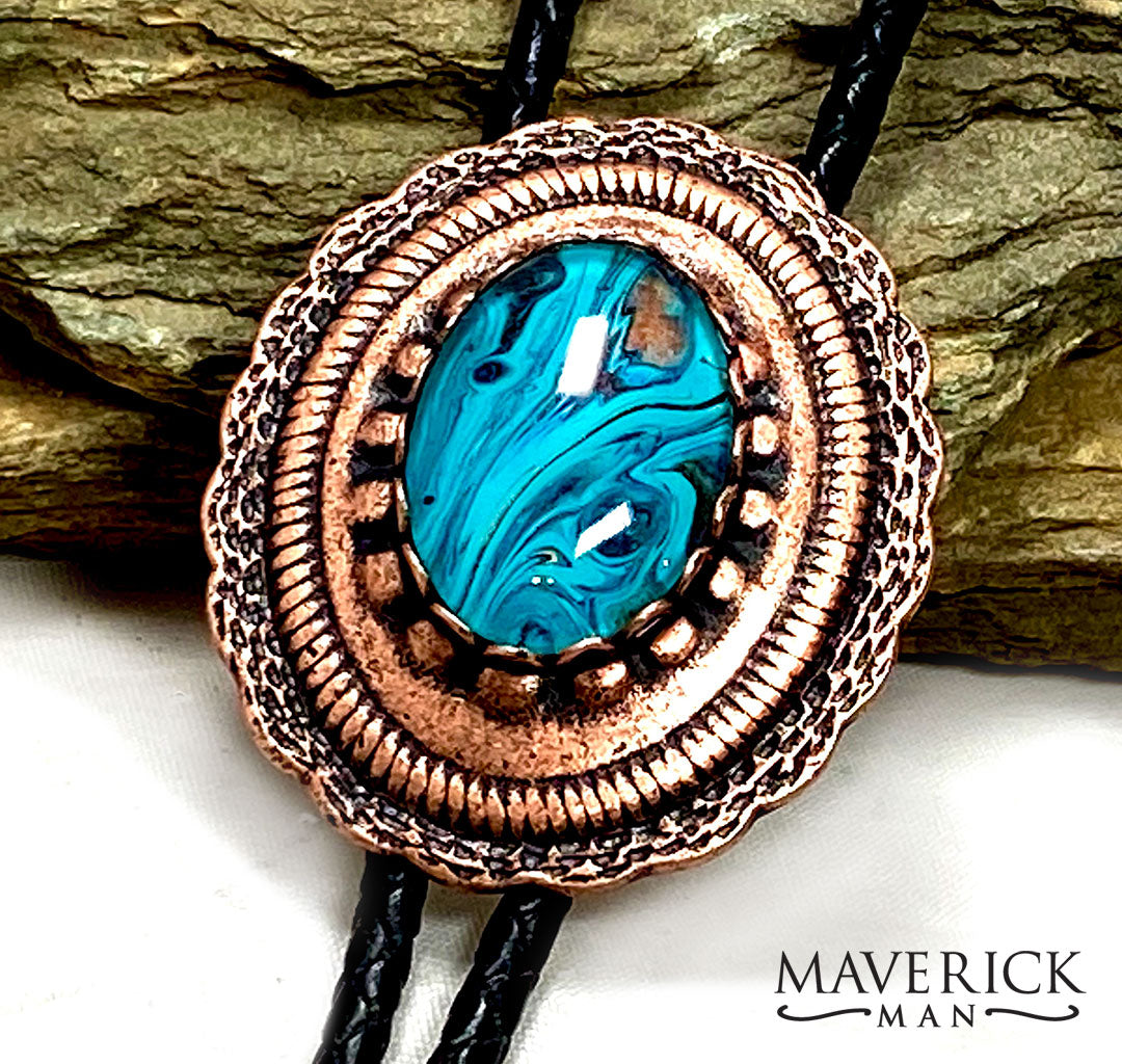 Stunning copper bolo with hand painted turquoise and copper stone