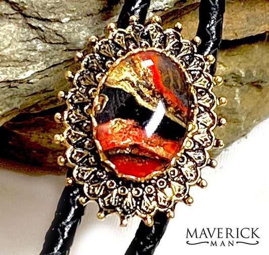 Small bolo with red gold and black hand painted stone