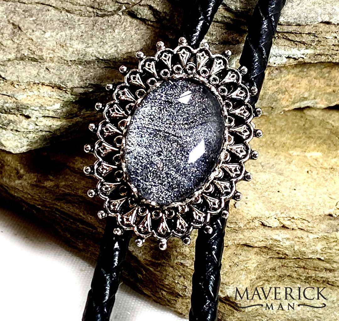 Small antique silver bolo with hand painted gray and black stone