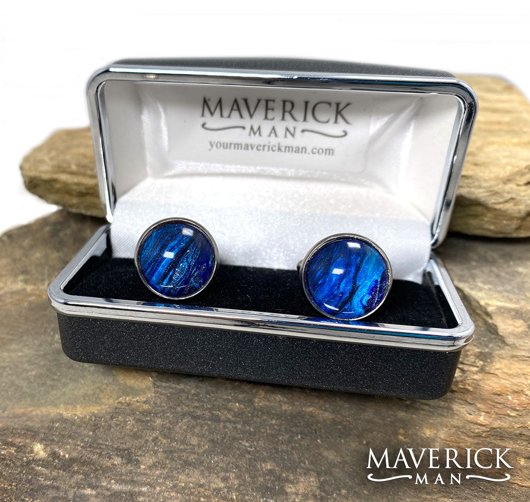 Sapphire and black hand painted stainless steel cuff links